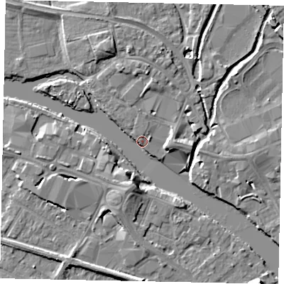 Shaded relief map of the ground around TW184TG, computed from Environment Agency LiDAR. The ground here sits at about 15 m above sea level and falls 7 m across the surrounding 800 m. Surface water reaching this point runs off ground lying to the south, 6.2 m higher.