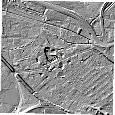 Shaded relief map of the ground around TW184TN, computed from Environment Agency LiDAR. The ground here sits at about 11 m above sea level and falls 11 m across the surrounding 800 m. Surface water reaching this point runs off ground lying to the west, 6.8 m higher.
