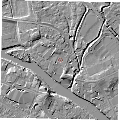 Shaded relief map of the ground around TW184TP, computed from Environment Agency LiDAR. The ground here sits at about 16 m above sea level and falls 7 m across the surrounding 800 m. Surface water reaching this point runs off ground lying to the north-north-west, 1.9 m higher.