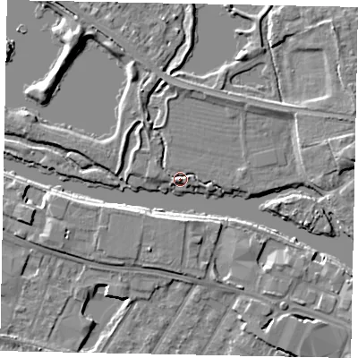 Shaded relief map of the ground around TW184TS, computed from Environment Agency LiDAR. The ground here sits at about 15 m above sea level and falls 6 m across the surrounding 800 m. Surface water reaching this point runs off ground lying to the north-north-west, 2.7 m higher.