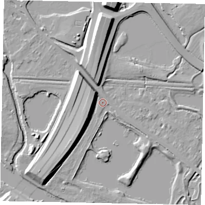 Shaded relief map of the ground around TW184TT, computed from Environment Agency LiDAR. The ground here sits at about 16 m above sea level and falls 12 m across the surrounding 800 m. Surface water reaching this point runs off ground lying to the west, 8.2 m higher.