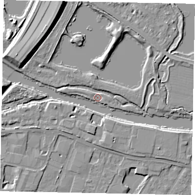 Shaded relief map of the ground around TW184TU, computed from Environment Agency LiDAR. The ground here sits at about 14 m above sea level and falls 10 m across the surrounding 800 m. Surface water reaching this point runs off ground lying to the west-north-west, 1.5 m higher.