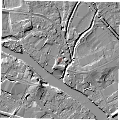 Shaded relief map of the ground around TW184TW, computed from Environment Agency LiDAR. The ground here sits at about 16 m above sea level and falls 7 m across the surrounding 800 m. Surface water reaching this point runs off ground lying to the south-south-west, 4.8 m higher.
