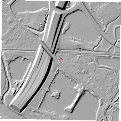 Shaded relief map of the ground around TW184TX, computed from Environment Agency LiDAR. The ground here sits at about 16 m above sea level and falls 12 m across the surrounding 800 m. Surface water reaching this point runs off ground lying to the north-west, 2.0 m higher.