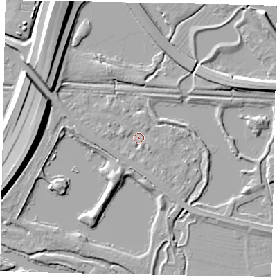 Shaded relief map of the ground around TW184TY, computed from Environment Agency LiDAR. The ground here sits at about 15 m above sea level and falls 12 m across the surrounding 800 m. Surface water reaching this point runs off ground lying to the south-south-west, 3.5 m higher.