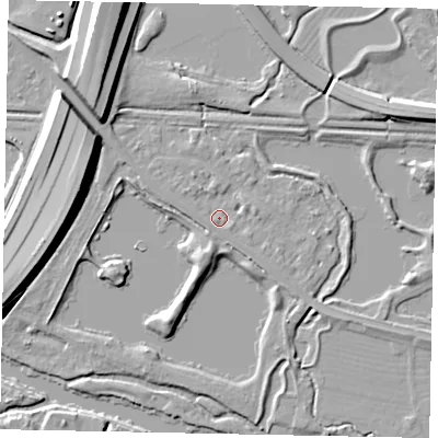 Shaded relief map of the ground around TW184TZ, computed from Environment Agency LiDAR. The ground here sits at about 15 m above sea level and falls 11 m across the surrounding 800 m. Surface water reaching this point runs off ground lying to the south-south-west, 3.4 m higher.