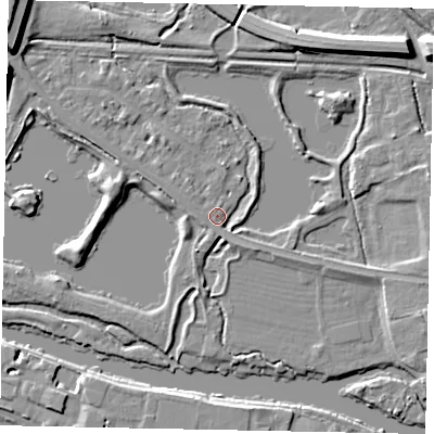 Shaded relief map of the ground around TW184UA, computed from Environment Agency LiDAR. The ground here sits at about 15 m above sea level and falls 11 m across the surrounding 800 m. Surface water reaching this point runs off ground lying to the north-east, 8.0 m higher.