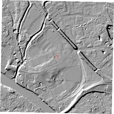 Shaded relief map of the ground around TW184UP, computed from Environment Agency LiDAR. The ground here sits at about 16 m above sea level and falls 11 m across the surrounding 800 m. Surface water reaching this point runs off ground lying to the south-west, 1.5 m higher.