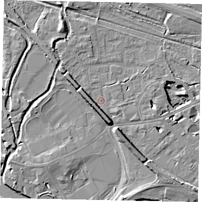 Shaded relief map of the ground around TW184UQ, computed from Environment Agency LiDAR. The ground here sits at about 15 m above sea level and falls 11 m across the surrounding 800 m. Surface water reaching this point runs off ground lying to the south-south-east, 5.5 m higher.