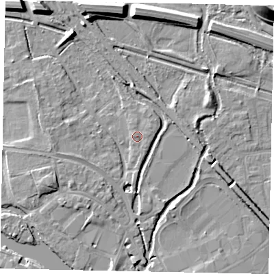 Shaded relief map of the ground around TW184US, computed from Environment Agency LiDAR. The ground here sits at about 17 m above sea level and falls 19 m across the surrounding 800 m. Surface water reaching this point runs off ground lying to the north-east, 0.8 m higher.