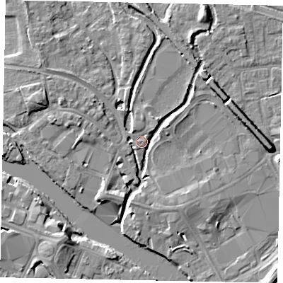 Shaded relief map of the ground around TW184UW, computed from Environment Agency LiDAR. The ground here sits at about 16 m above sea level and falls 8 m across the surrounding 800 m. Surface water reaching this point runs off ground lying to the north-east, 4.4 m higher.