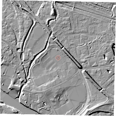 Shaded relief map of the ground around TW184WB, computed from Environment Agency LiDAR. The ground here sits at about 15 m above sea level and falls 9 m across the surrounding 800 m. Surface water reaching this point runs off ground lying to the south-south-west, 2.3 m higher.