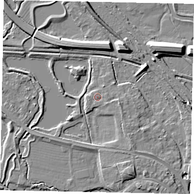 Shaded relief map of the ground around TW184XE, computed from Environment Agency LiDAR. The ground here sits at about 16 m above sea level and falls 11 m across the surrounding 800 m. Surface water reaching this point runs off ground lying to the east, 1.6 m higher.