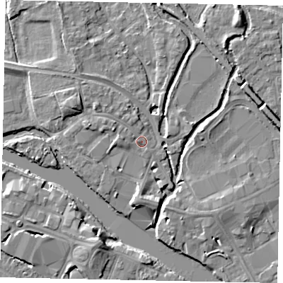 Shaded relief map of the ground around TW184XH, computed from Environment Agency LiDAR. The ground here sits at about 16 m above sea level and falls 7 m across the surrounding 800 m. Surface water reaching this point runs off ground lying to the north-north-west, 1.5 m higher.