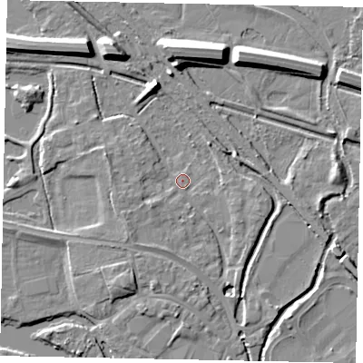 Shaded relief map of the ground around TW184XL, computed from Environment Agency LiDAR. The ground here sits at about 16 m above sea level and falls 11 m across the surrounding 800 m. Surface water reaching this point runs off ground lying to the south-west, 2.6 m higher.