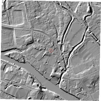 Shaded relief map of the ground around TW184XR, computed from Environment Agency LiDAR. The ground here sits at about 17 m above sea level and falls 7 m across the surrounding 800 m. Surface water reaching this point runs off ground lying to the north, 1.3 m higher.