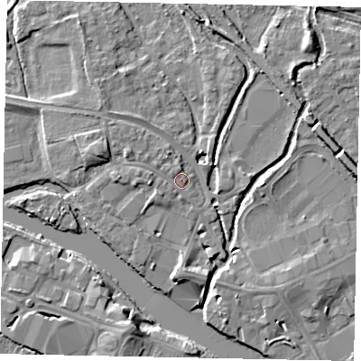 Shaded relief map of the ground around TW184XS, computed from Environment Agency LiDAR. The ground here sits at about 16 m above sea level and falls 7 m across the surrounding 800 m. Surface water reaching this point runs off ground lying to the north-north-west, 1.5 m higher.