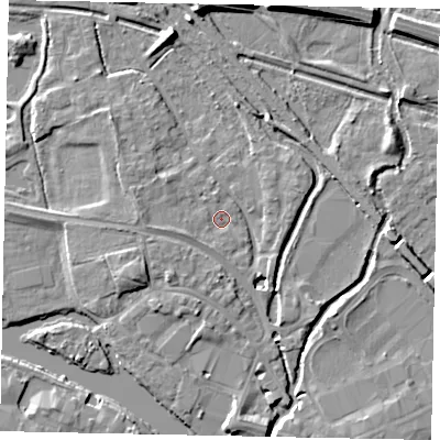 Shaded relief map of the ground around TW184XT, computed from Environment Agency LiDAR. The ground here sits at about 16 m above sea level and falls 9 m across the surrounding 800 m. Surface water reaching this point runs off ground lying to the west, 1.8 m higher.