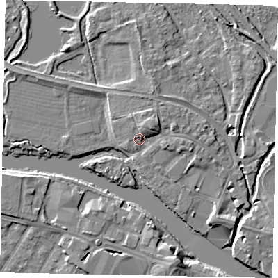 Shaded relief map of the ground around TW184XZ, computed from Environment Agency LiDAR. The ground here sits at about 16 m above sea level and falls 6 m across the surrounding 800 m. Surface water reaching this point runs off ground lying to the north-east, 3.1 m higher.