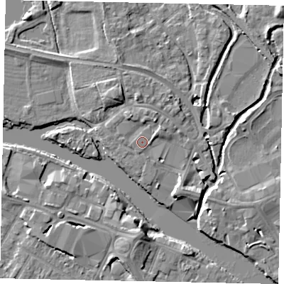 Shaded relief map of the ground around TW184YA, computed from Environment Agency LiDAR. The ground here sits at about 16 m above sea level and falls 6 m across the surrounding 800 m. Surface water reaching this point runs off ground lying to the north-north-east, 2.1 m higher.