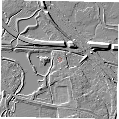 Shaded relief map of the ground around TW184YD, computed from Environment Agency LiDAR. The ground here sits at about 16 m above sea level and falls 10 m across the surrounding 800 m. Surface water reaching this point runs off ground lying to the north-east, 1.0 m higher.