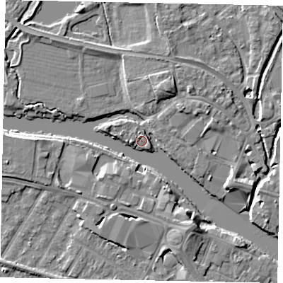 Shaded relief map of the ground around TW184YE, computed from Environment Agency LiDAR. The ground here sits at about 14 m above sea level and falls 6 m across the surrounding 800 m. Surface water reaching this point runs off ground lying to the north-north-east, 3.1 m higher.