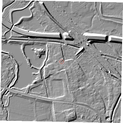 Shaded relief map of the ground around TW184YG, computed from Environment Agency LiDAR. The ground here sits at about 16 m above sea level and falls 10 m across the surrounding 800 m. Surface water reaching this point runs off ground lying to the east-north-east, 6.4 m higher.