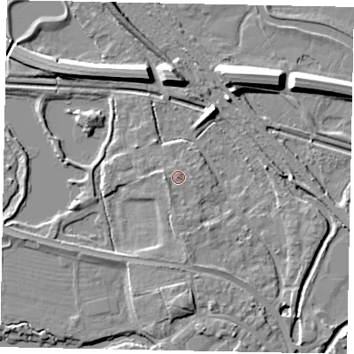 Shaded relief map of the ground around TW184YH, computed from Environment Agency LiDAR. The ground here sits at about 17 m above sea level and falls 11 m across the surrounding 800 m. Surface water reaching this point runs off ground lying to the west, 1.2 m higher.