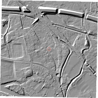 Shaded relief map of the ground around TW184YP, computed from Environment Agency LiDAR. The ground here sits at about 16 m above sea level and falls 11 m across the surrounding 800 m. Surface water reaching this point runs off ground lying to the west-south-west, 2.4 m higher.
