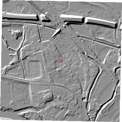 Shaded relief map of the ground around TW184YT, computed from Environment Agency LiDAR. The ground here sits at about 16 m above sea level and falls 11 m across the surrounding 800 m. Surface water reaching this point runs off ground lying to the west-north-west, 2.3 m higher.