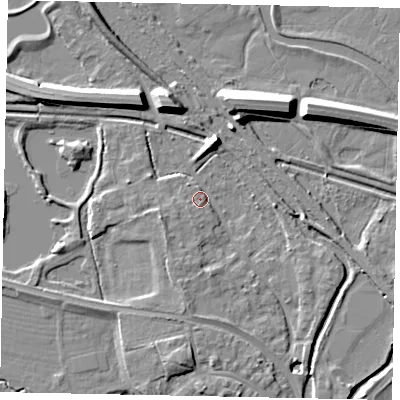 Shaded relief map of the ground around TW184YU, computed from Environment Agency LiDAR. The ground here sits at about 17 m above sea level and falls 11 m across the surrounding 800 m. Surface water reaching this point runs off ground lying to the west-south-west, 3.0 m higher.