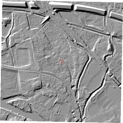 Shaded relief map of the ground around TW184YW, computed from Environment Agency LiDAR. The ground here sits at about 17 m above sea level and falls 11 m across the surrounding 800 m. Surface water reaching this point runs off ground lying to the west-south-west, 2.4 m higher.