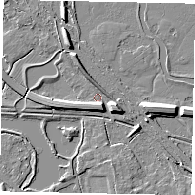 Shaded relief map of the ground around TW184YX, computed from Environment Agency LiDAR. The ground here sits at about 16 m above sea level and falls 10 m across the surrounding 800 m. Surface water reaching this point runs off ground lying to the south-south-east, 6.1 m higher.