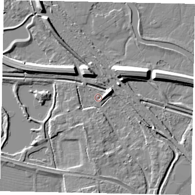 Shaded relief map of the ground around TW184YY, computed from Environment Agency LiDAR. The ground here sits at about 16 m above sea level and falls 10 m across the surrounding 800 m. Surface water reaching this point runs off ground lying to the east-north-east, 6.4 m higher.