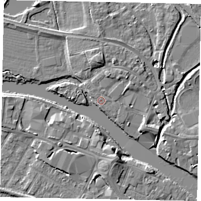 Shaded relief map of the ground around TW184YZ, computed from Environment Agency LiDAR. The ground here sits at about 16 m above sea level and falls 6 m across the surrounding 800 m. Surface water reaching this point runs off ground lying to the east, 0.6 m higher.