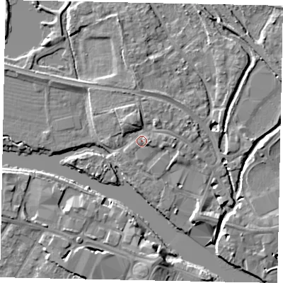 Shaded relief map of the ground around TW184ZB, computed from Environment Agency LiDAR. The ground here sits at about 16 m above sea level and falls 6 m across the surrounding 800 m. Surface water reaching this point runs off ground lying to the north-north-west, 3.1 m higher.