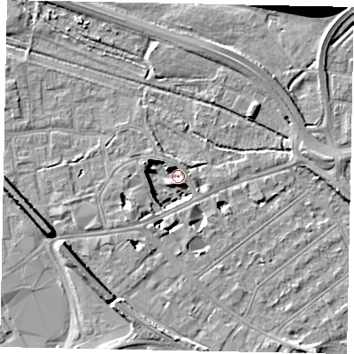 Shaded relief map of the ground around TW184ZN, computed from Environment Agency LiDAR. The ground here sits at about 11 m above sea level and falls 15 m across the surrounding 800 m. Surface water reaching this point runs off ground lying to the west-south-west, 6.8 m higher.