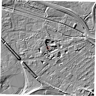 Shaded relief map of the ground around TW184ZT, computed from Environment Agency LiDAR. The ground here sits at about 12 m above sea level and falls 11 m across the surrounding 800 m. Surface water reaching this point runs off ground lying to the west-south-west, 6.8 m higher.
