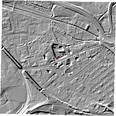 Shaded relief map of the ground around TW184ZU, computed from Environment Agency LiDAR. The ground here sits at about 10 m above sea level and falls 11 m across the surrounding 800 m. Surface water reaching this point runs off ground lying to the west-south-west, 1.7 m higher.