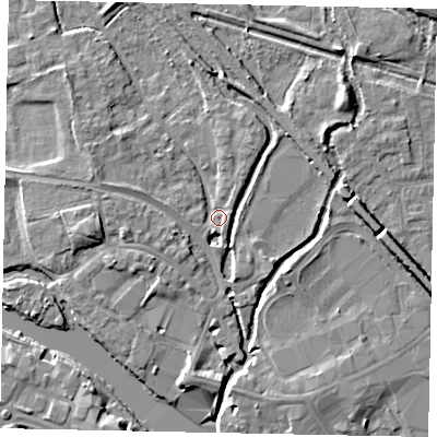 Shaded relief map of the ground around TW184ZX, computed from Environment Agency LiDAR. The ground here sits at about 16 m above sea level and falls 8 m across the surrounding 800 m. Surface water reaching this point runs off ground lying to the north-north-east, 2.3 m higher.