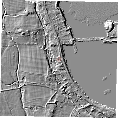 Shaded relief map of the ground around TW195AA, computed from Environment Agency LiDAR. The ground here sits at about 17 m above sea level and falls 5 m across the surrounding 800 m. Surface water reaching this point runs off ground lying to the north-north-east, 0.5 m higher.