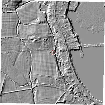 Shaded relief map of the ground around TW195AB, computed from Environment Agency LiDAR. The ground here sits at about 16 m above sea level and falls 4 m across the surrounding 800 m. Surface water reaching this point runs off ground lying to the north-east, 2.3 m higher.