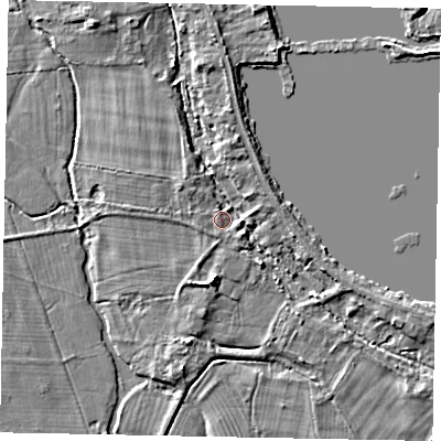 Shaded relief map of the ground around TW195AD, computed from Environment Agency LiDAR. The ground here sits at about 17 m above sea level and falls 4 m across the surrounding 800 m. Surface water reaching this point runs off ground lying to the north-east, 1.8 m higher.