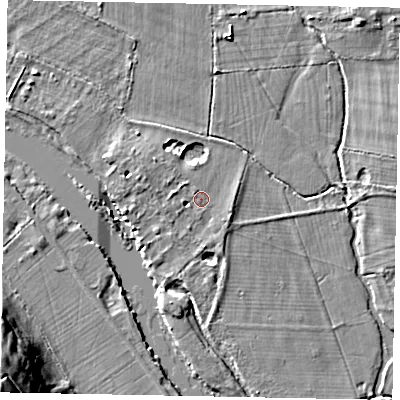 Shaded relief map of the ground around TW195AE, computed from Environment Agency LiDAR. The ground here sits at about 17 m above sea level and falls 21 m across the surrounding 800 m. Surface water reaching this point runs off ground lying to the west-north-west, 1.8 m higher.