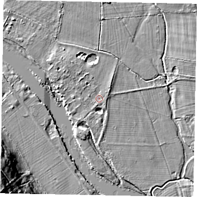 Shaded relief map of the ground around TW195AF, computed from Environment Agency LiDAR. The ground here sits at about 16 m above sea level and falls 23 m across the surrounding 800 m. Surface water reaching this point runs off ground lying to the north-west, 1.8 m higher.