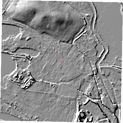 Shaded relief map of the ground around TW195AH, computed from Environment Agency LiDAR. The ground here sits at about 16 m above sea level and falls 15 m across the surrounding 800 m. Surface water reaching this point runs off ground lying to the north, 1.1 m higher.