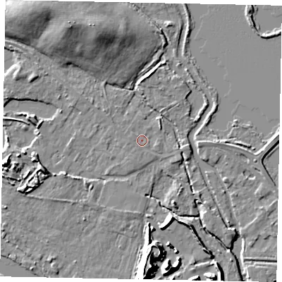 Shaded relief map of the ground around TW195AJ, computed from Environment Agency LiDAR. The ground here sits at about 16 m above sea level and falls 15 m across the surrounding 800 m. Surface water reaching this point runs off ground lying to the west-north-west, 0.8 m higher.