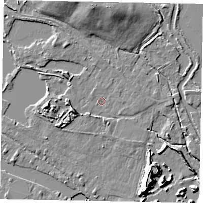 Shaded relief map of the ground around TW195AN, computed from Environment Agency LiDAR. The ground here sits at about 16 m above sea level and falls 15 m across the surrounding 800 m. Surface water reaching this point runs off ground lying to the west-south-west, 5.8 m higher.