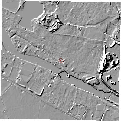 Shaded relief map of the ground around TW195AP, computed from Environment Agency LiDAR. The ground here sits at about 16 m above sea level and falls 16 m across the surrounding 800 m. Surface water reaching this point runs off ground lying to the north, 6.3 m higher.