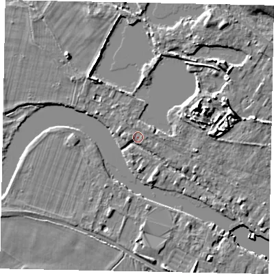 Shaded relief map of the ground around TW195AR, computed from Environment Agency LiDAR. The ground here sits at about 16 m above sea level and falls 9 m across the surrounding 800 m. Surface water reaching this point runs off ground lying to the east-north-east, 1.9 m higher.